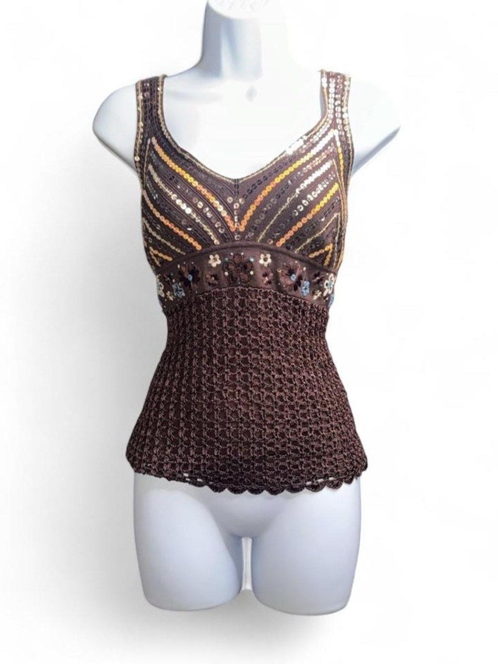 Boston Proper Brown and Gold Sequin and beaded Tank Top